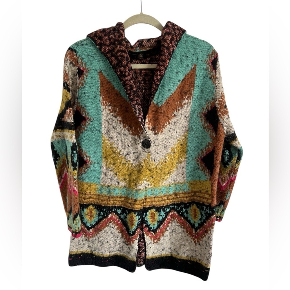 MAXSPORT Hooded Cardigan in Ivory/Turq Multi Sz XL